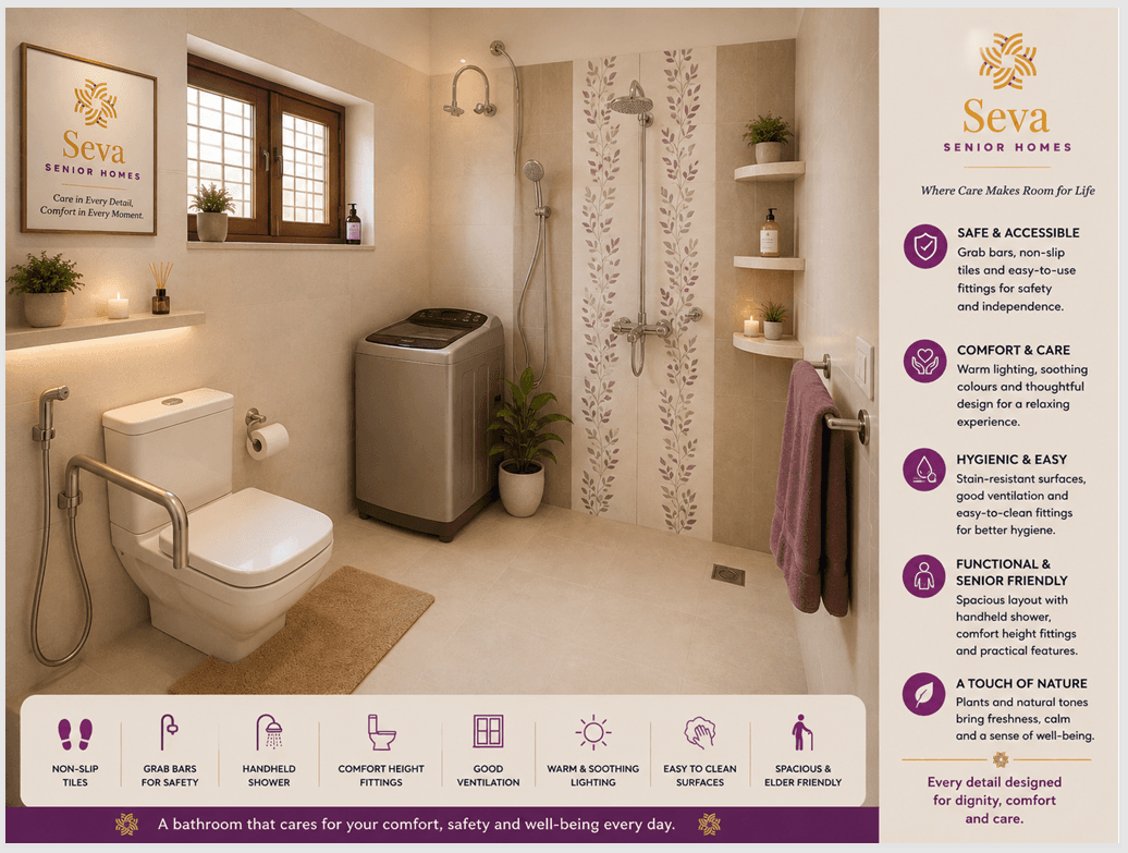 Bathroom with grab bars, a handheld shower, non-slip tiles and comfort-height fittings