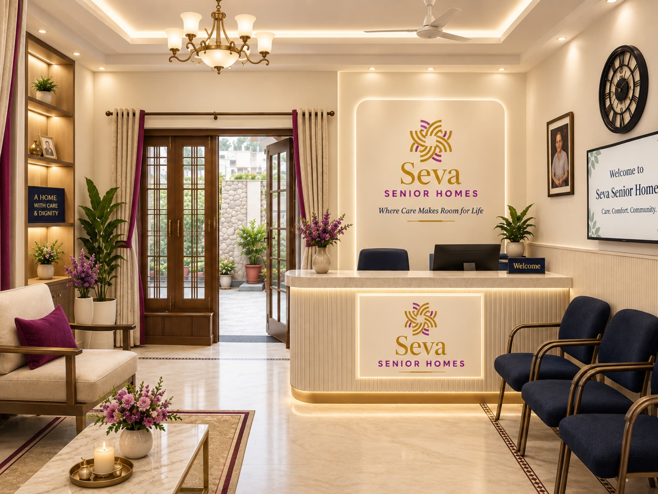 Reception and welcome desk at Seva Senior Homes